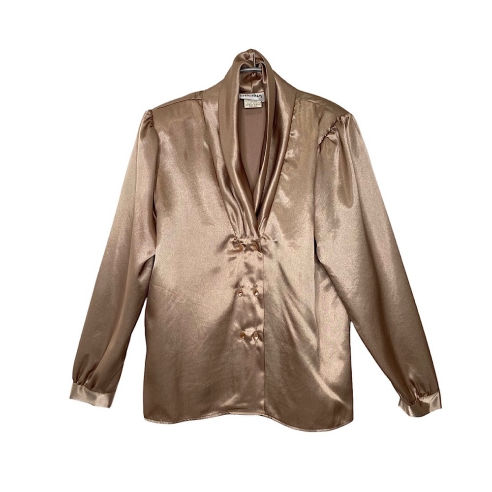 📣ANY 3 @ $33 - $6.99 ship📣 Vintage 80s Satin Shawl Collar Blouse Iridescent Tan